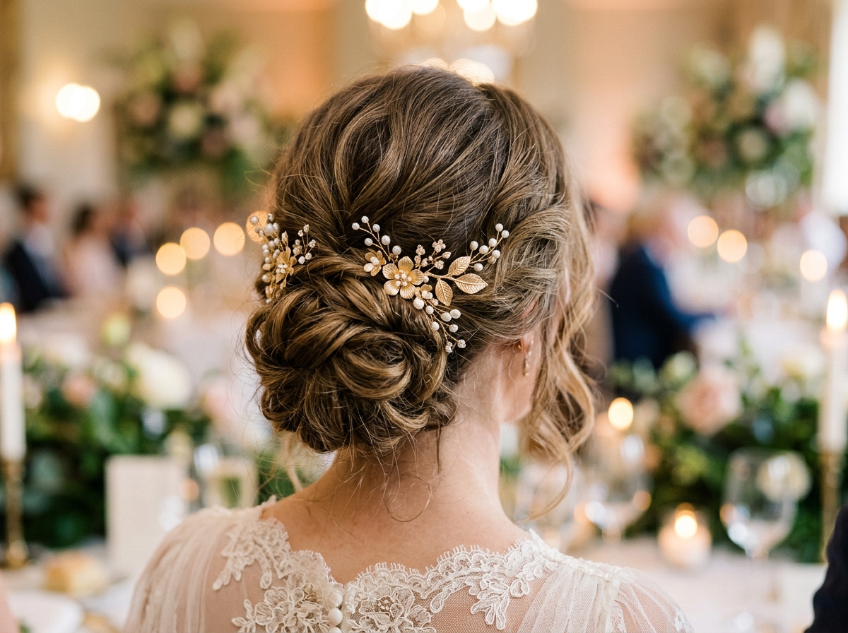 Chignon de mariée romantique chic et accessoires dorés